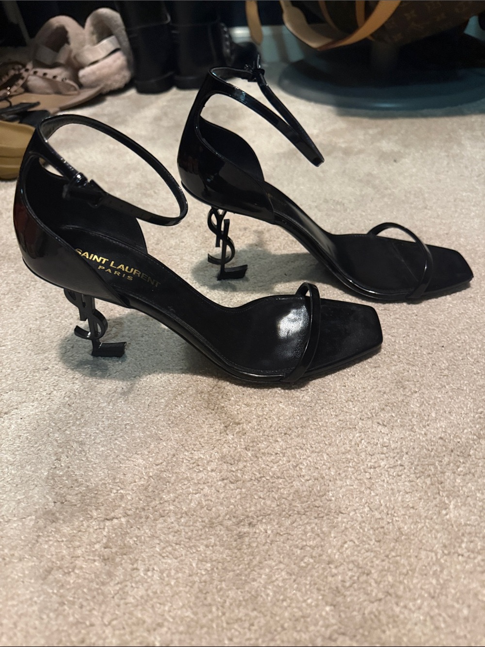 Saint Laurent Black Patent Logo-Heel Ankle Strap Sandals